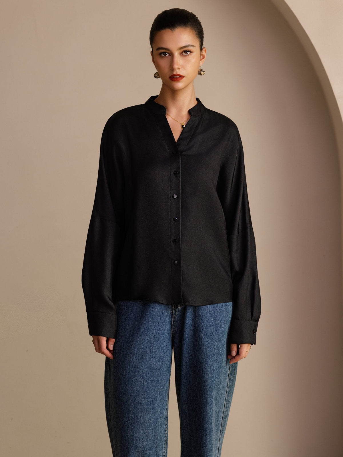 Blusa De Seda De Morera 100 Por Ciento Mujer Con Escote Abierto Y Cordón De Ajuste Manga Larga