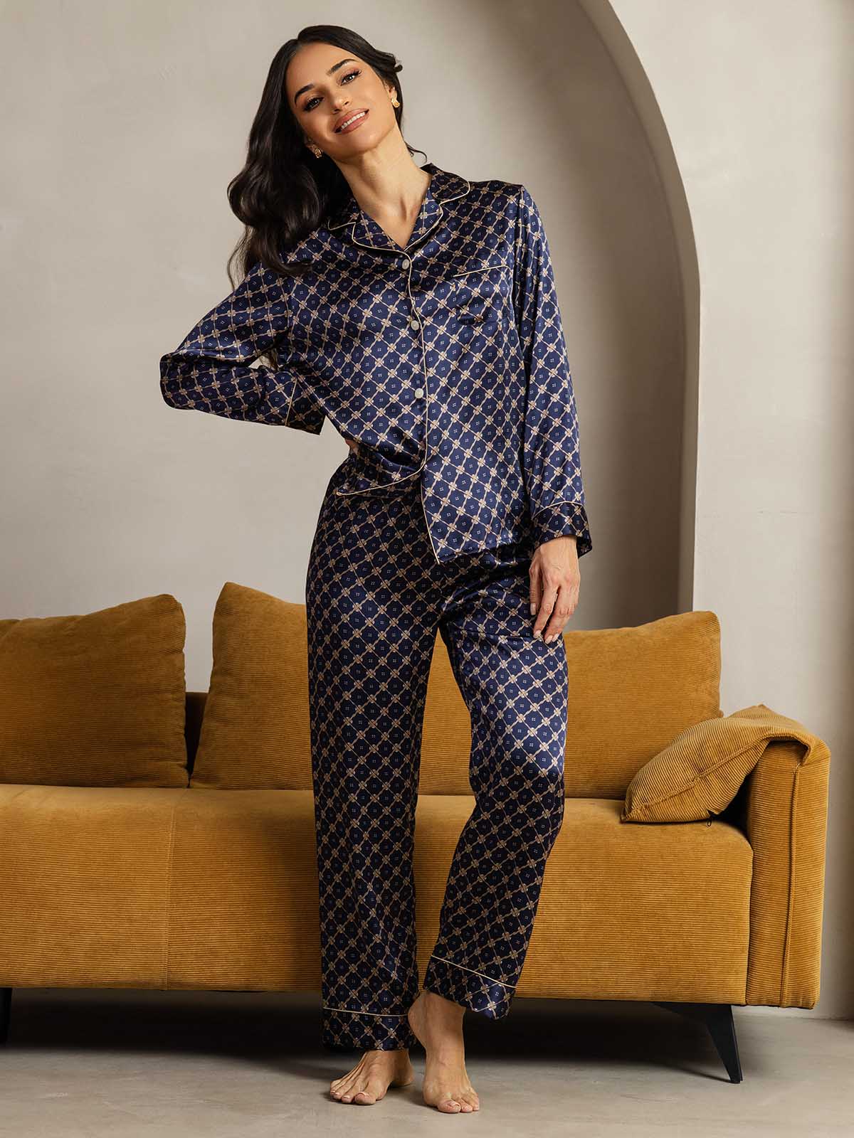 Conjunto De Pijama De Seda Pura Para Mujer Con Estampado De Cadena Marino, Manga Larga Y Cuello Con Solapas