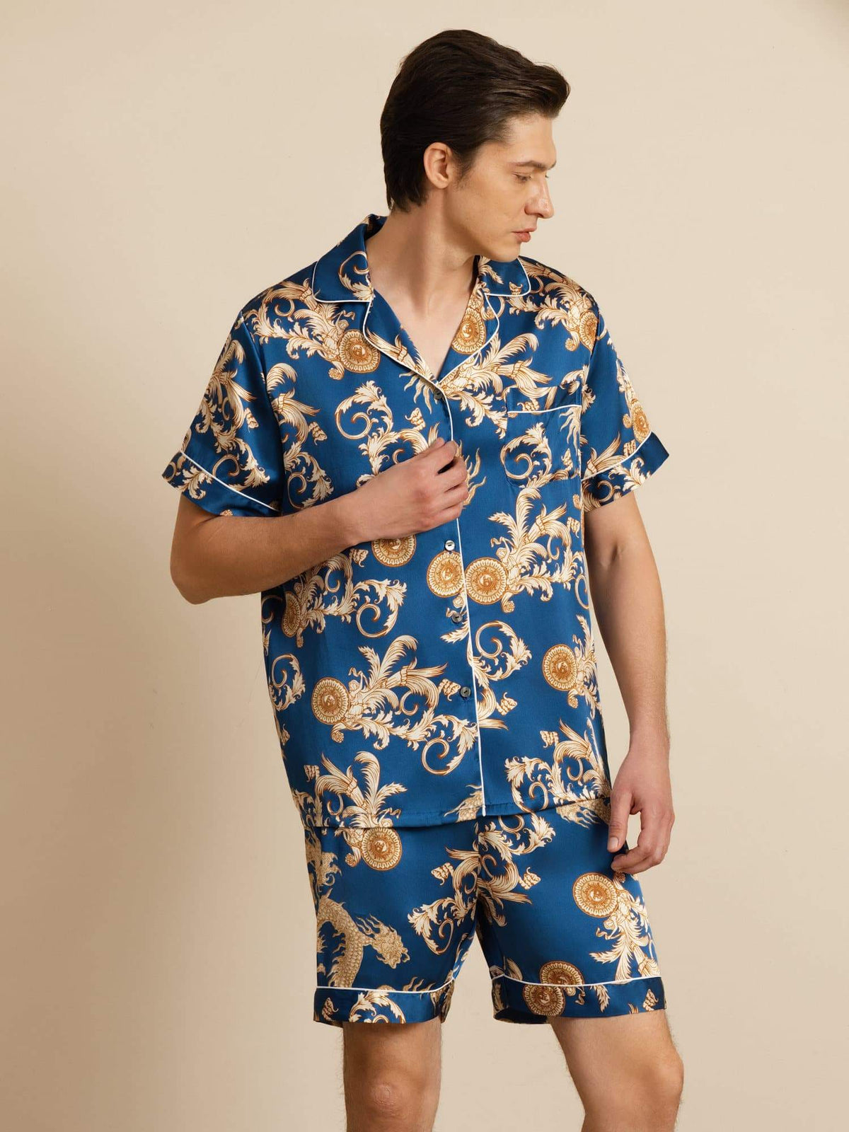 Pure Seda Hombre Estampado Dragón Manga Corta Cuello Notch Conjunto Pijama