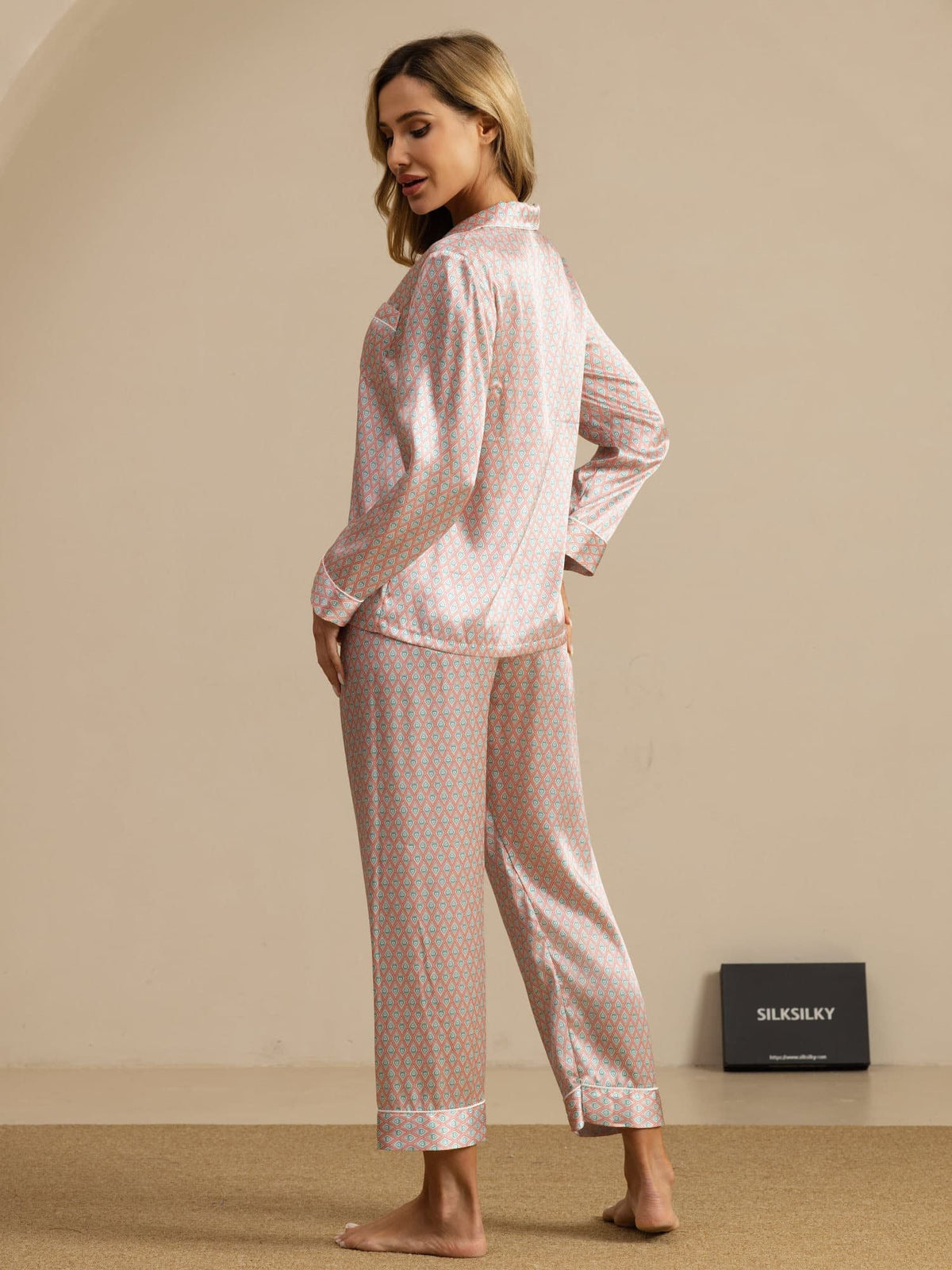 Conjunto De Pijama Para Mujer De Seda Pura Manga Larga Con Pantalón E Imprimé Geométrico