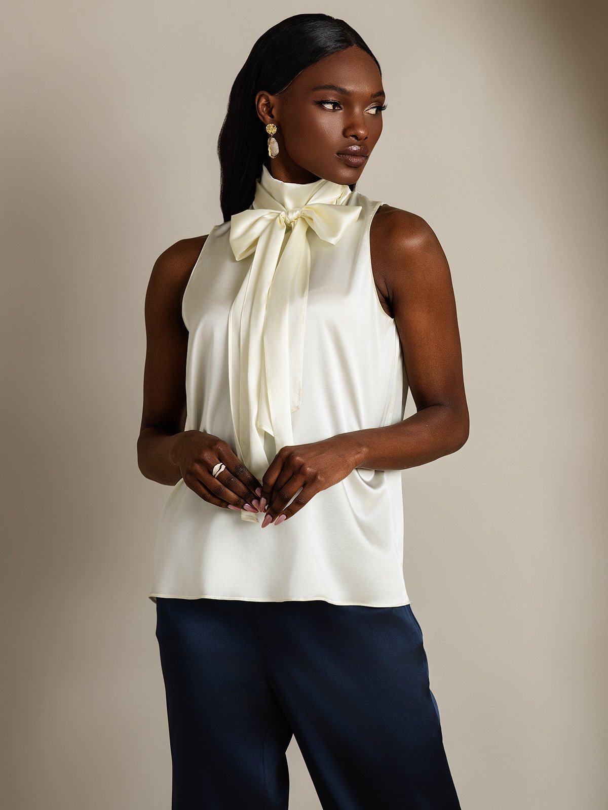 19Momme Seda Lazo Cuello Blusas