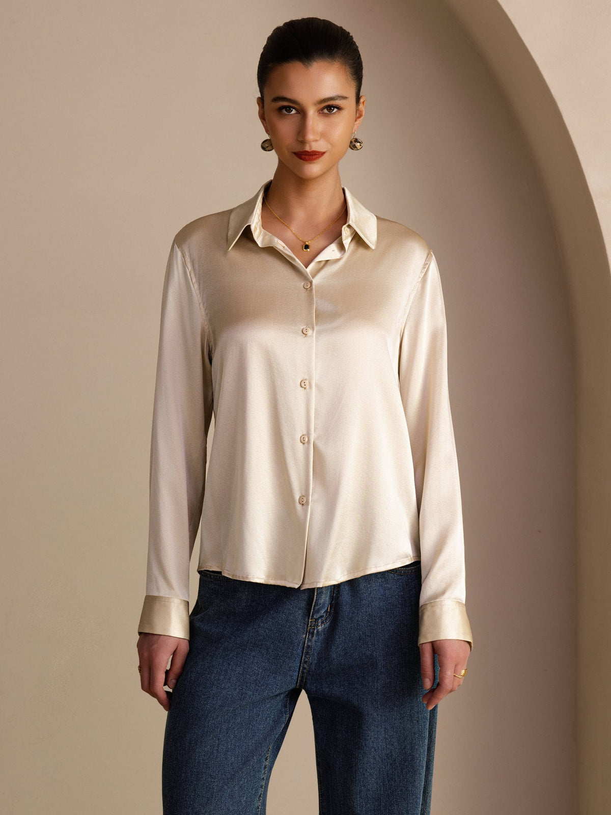 19Momme Aurora Cruz Seda con Cuello Básica  Camisa