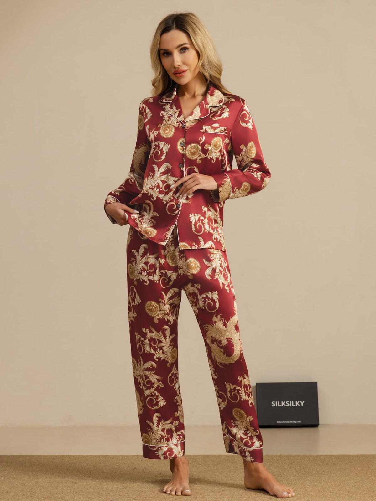 Pijama Mujer Seda Pura Manga Larga Cuello Notch Con Pantalón Estampado Dragón