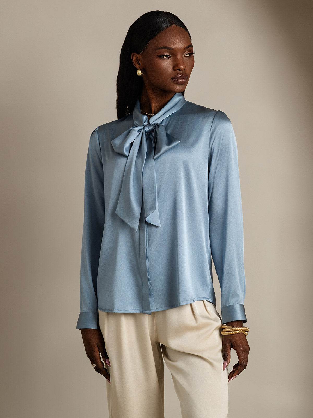 19 Momme Camisa Elegante de Seda con Cuello Lazo y Manga Larga