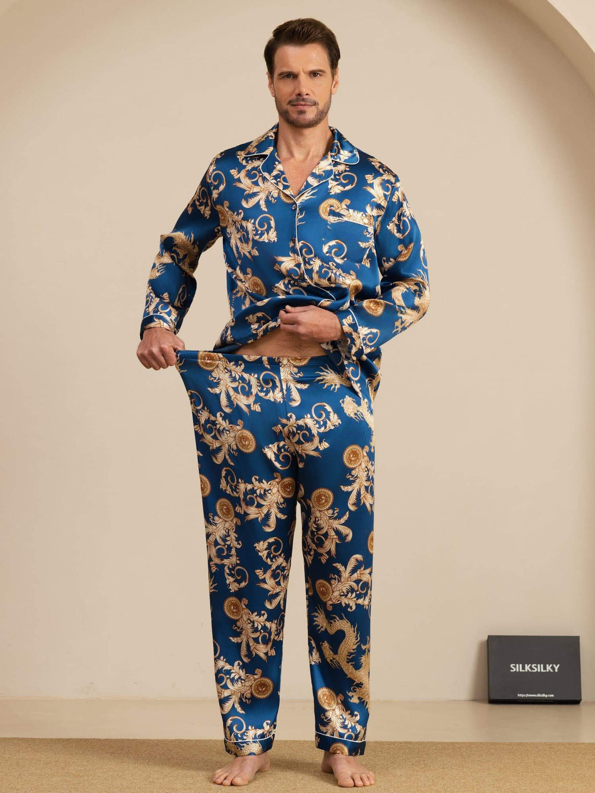 Pure Seda Hombre Estampado Dragón Manga Larga Cuello Notch Conjunto Pijama