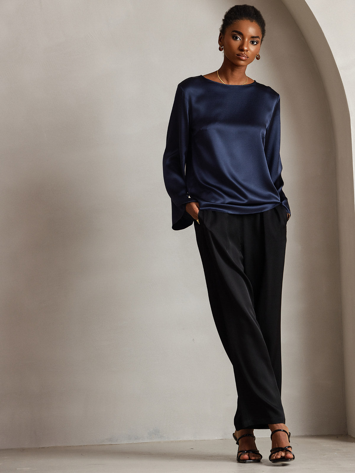 19Momme Seda Relajada Manga Larga Blusa