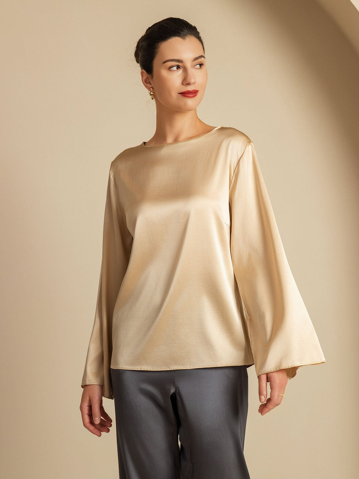 19Momme Seda Relajada Manga Larga Blusa
