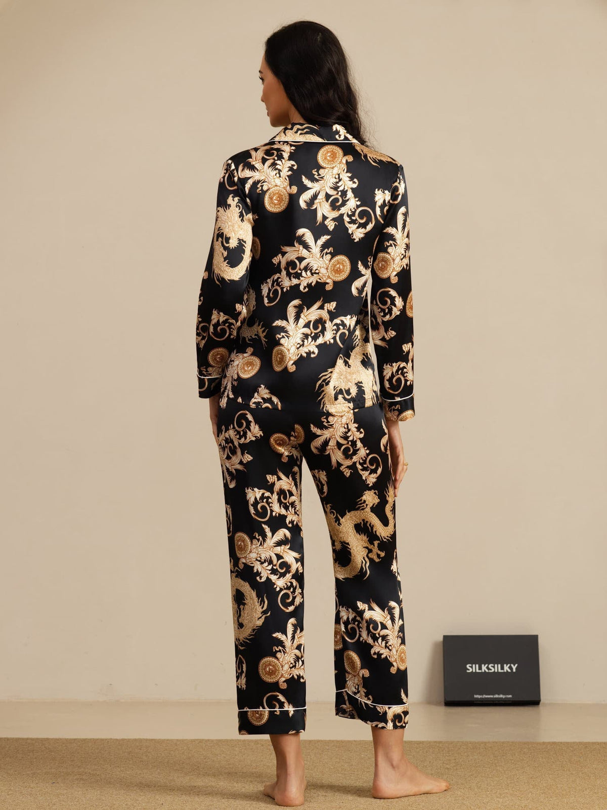 Pijama Mujer Seda Pura Manga Larga Cuello Notch Con Pantalón Estampado Dragón
