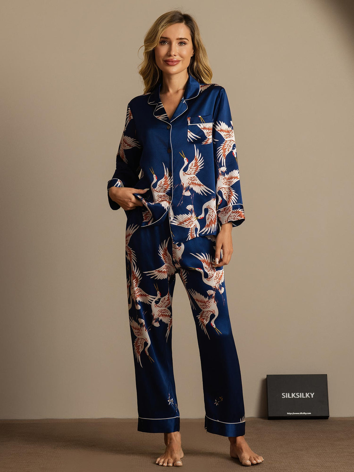 Pijama De Mujer De Seda Pura 19Momme Con Estampado De Grulla Y Manga Larga