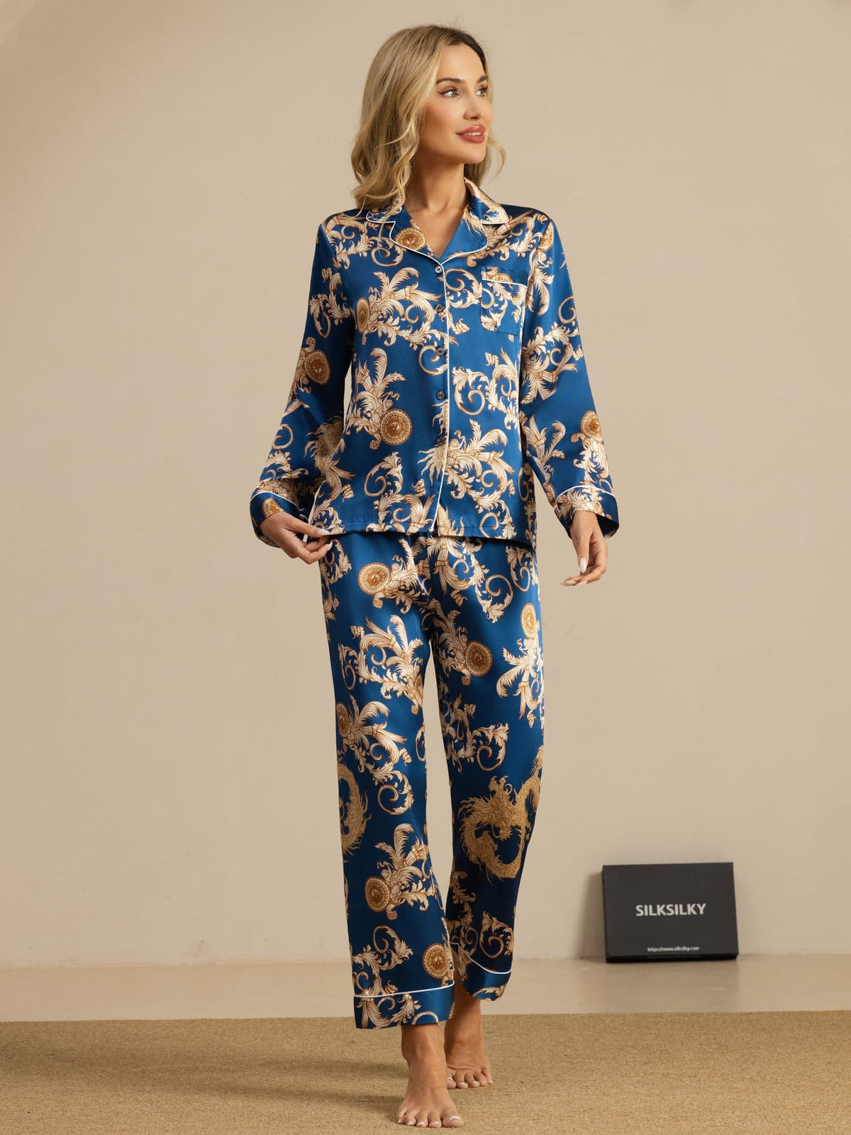 Pijama Mujer Seda Pura Manga Larga Cuello Notch Con Pantalón Estampado Dragón