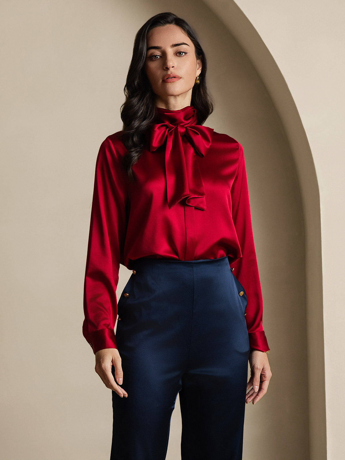19 Momme Seda Cuello atado Camisa