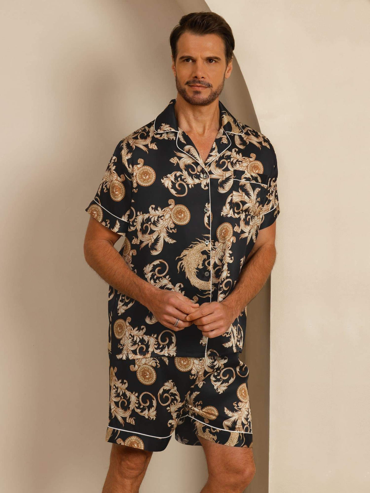 Pure Seda Hombre Estampado Dragón Manga Corta Cuello Notch Conjunto Pijama