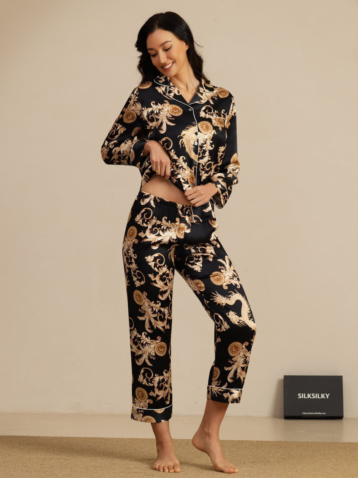 Pijama Mujer Seda Pura Manga Larga Cuello Notch Con Pantalón Estampado Dragón