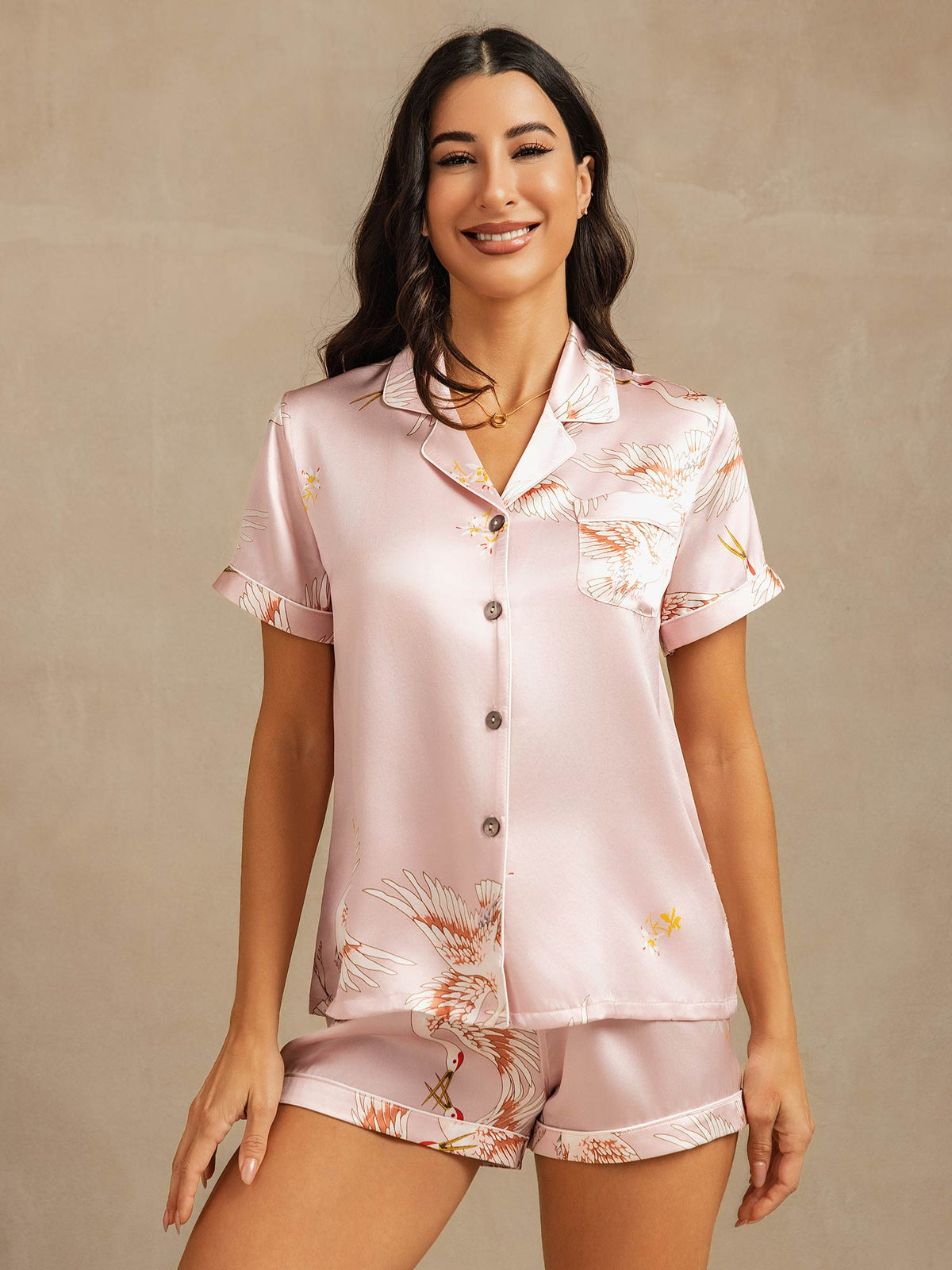 19Momme Conjunto De Pijama Para Mujer En Seda Pura Manga Corta Cuello Notch Estampado De Grulla