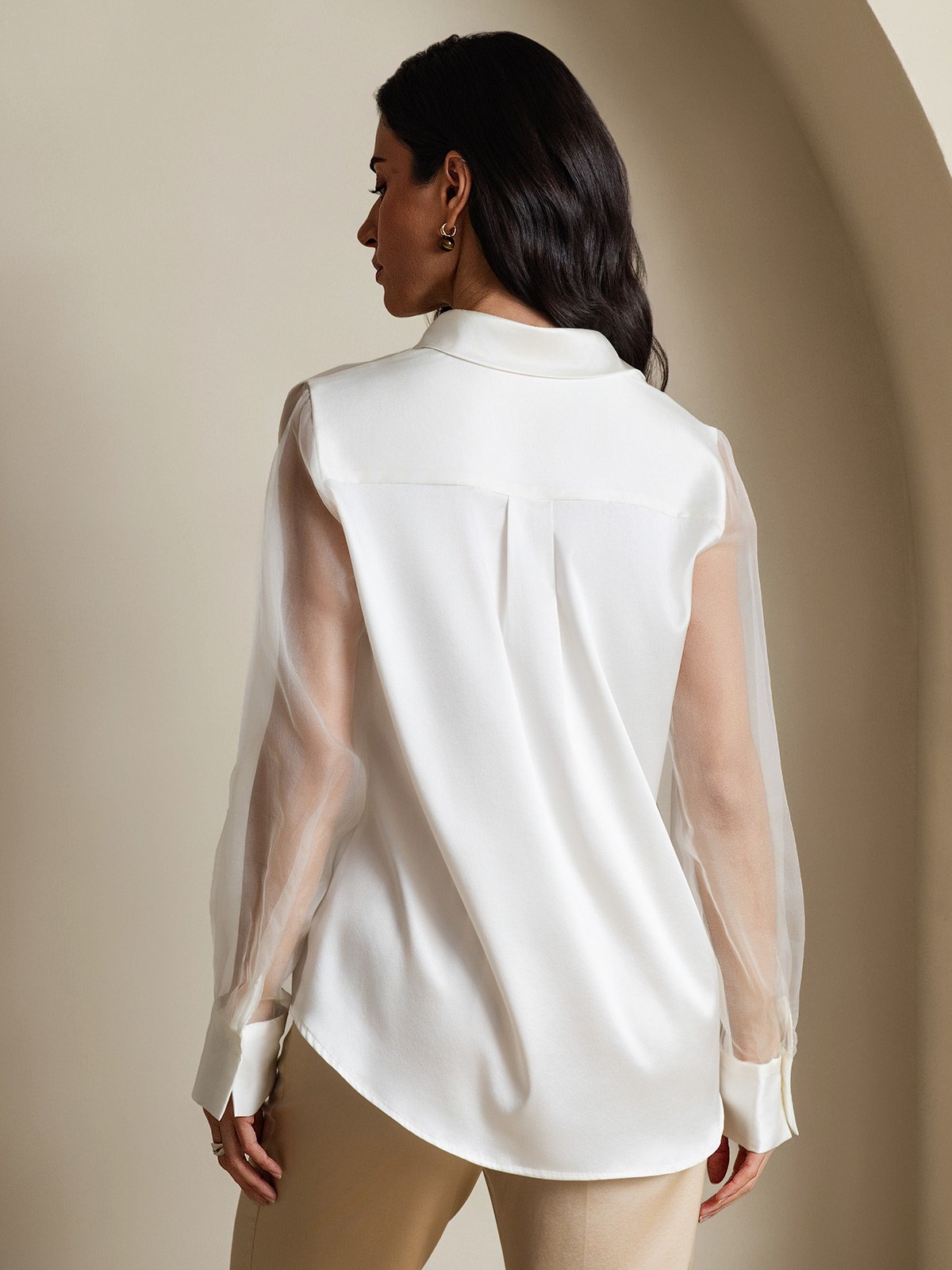 19Momme Seda Militar Cuello Transparentes Mangas Detalles Blusas