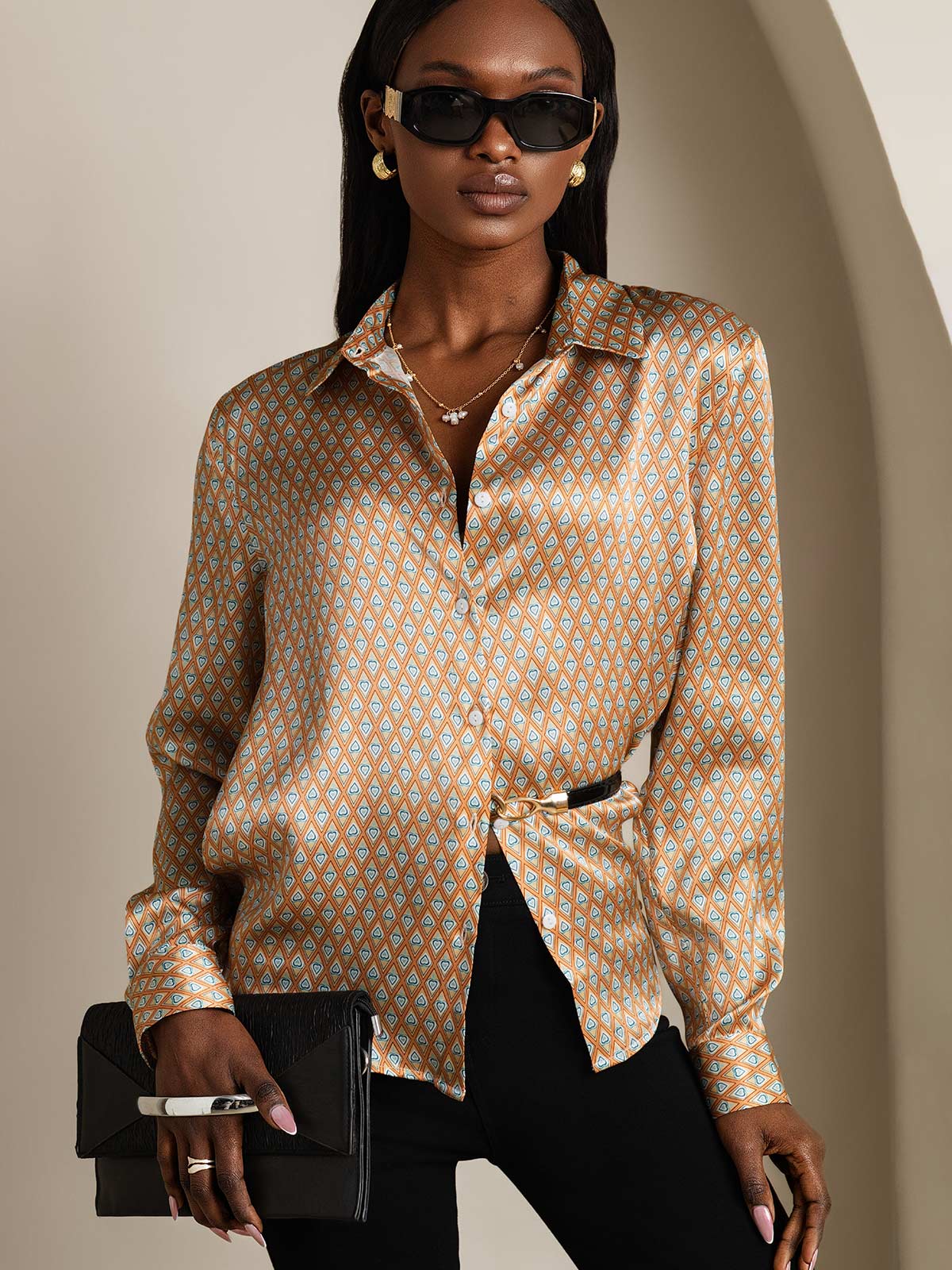 Camisa De Seda 19Momme Con Estampado Geométrico Manga Larga Y Cuello Solapa Para Mujer