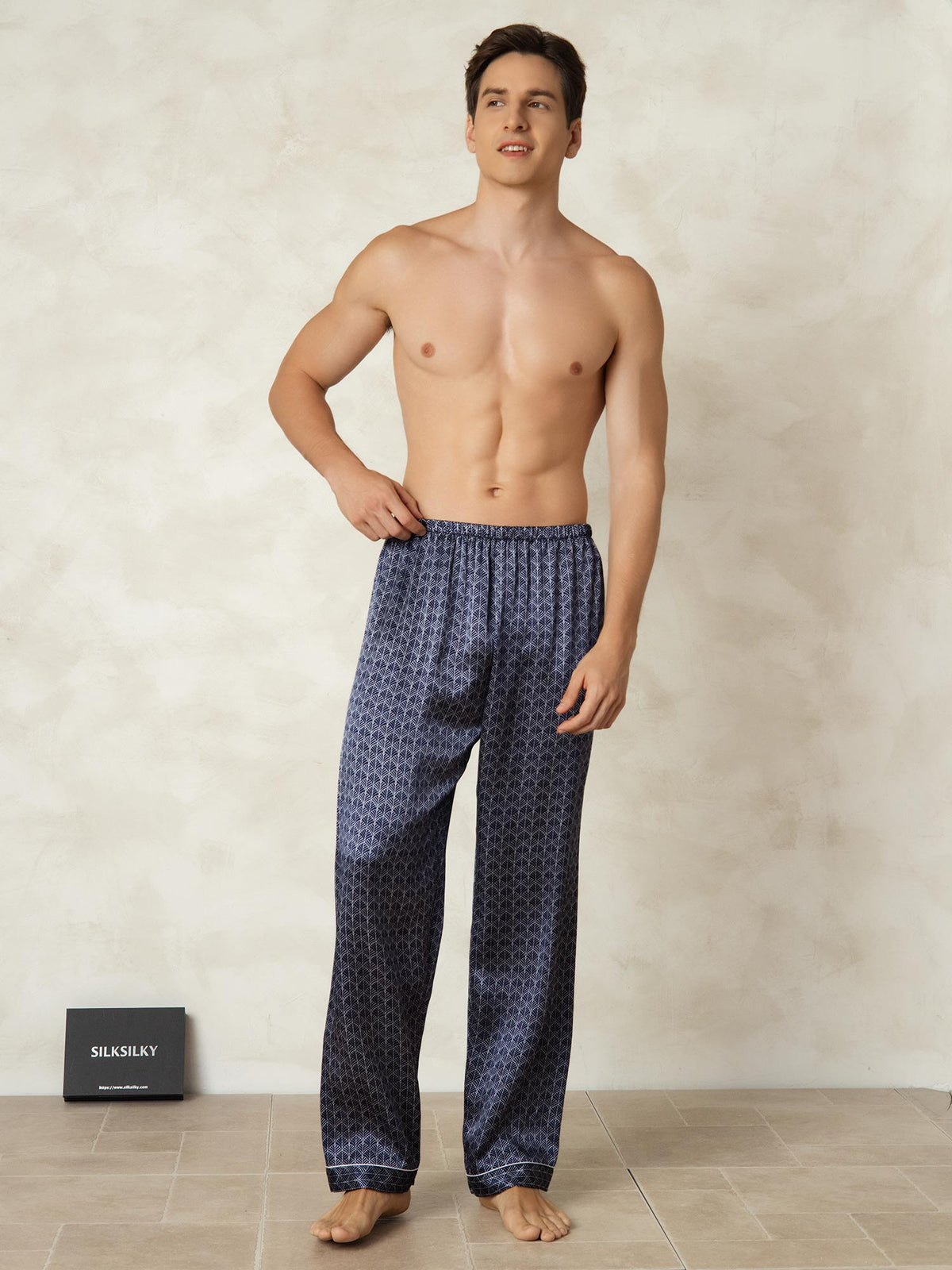 Pantalones De Dormir De Seda Pura Ginkgo Azul Marino Para Hombre Con Cintura Elástica