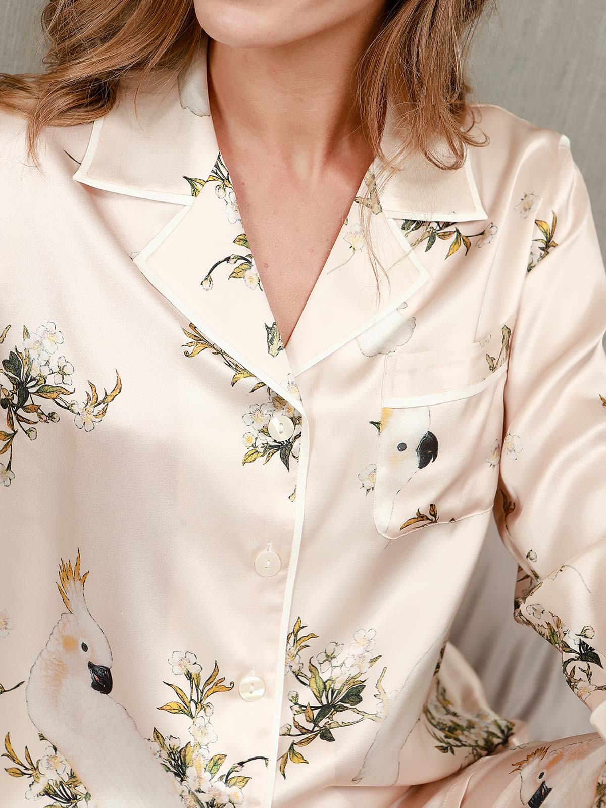Conjunto De Pijama De Mujer De Seda Pura Con Estampado Floral Manga Larga Con Pantalón