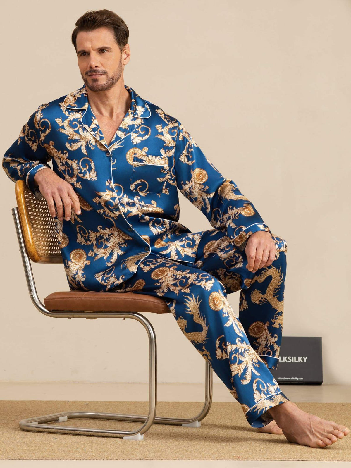Pure Seda Hombre Estampado Dragón Manga Larga Cuello Notch Conjunto Pijama