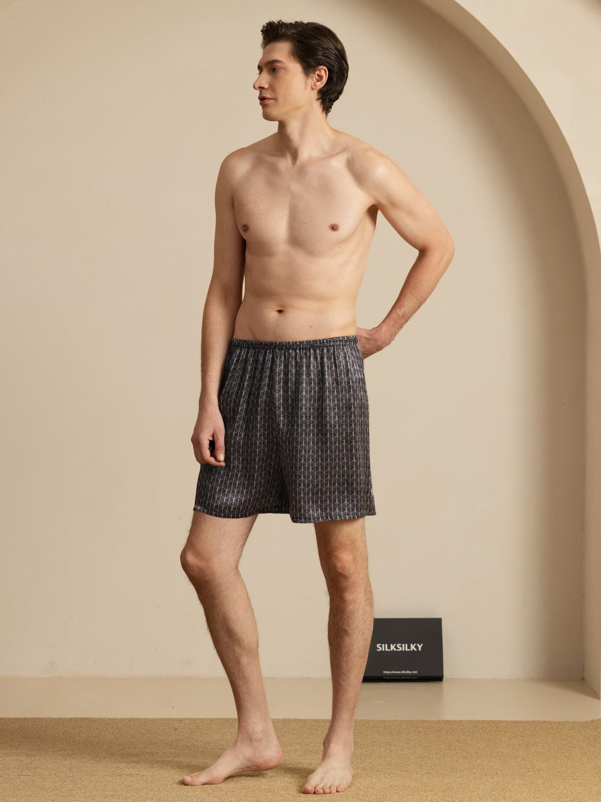 Pantalones Cortos De Dormir Para Hombre Pure Silk Ginkgo Azul Marino Estampado Cintura Elástica