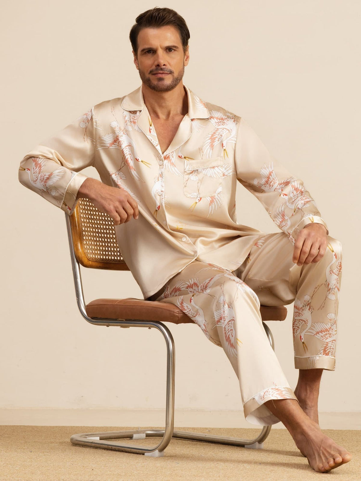 Conjunto de Pijamas para Hombre Estampado de Grúa Seda Pura 19Momme Manga Larga Cuello Notch