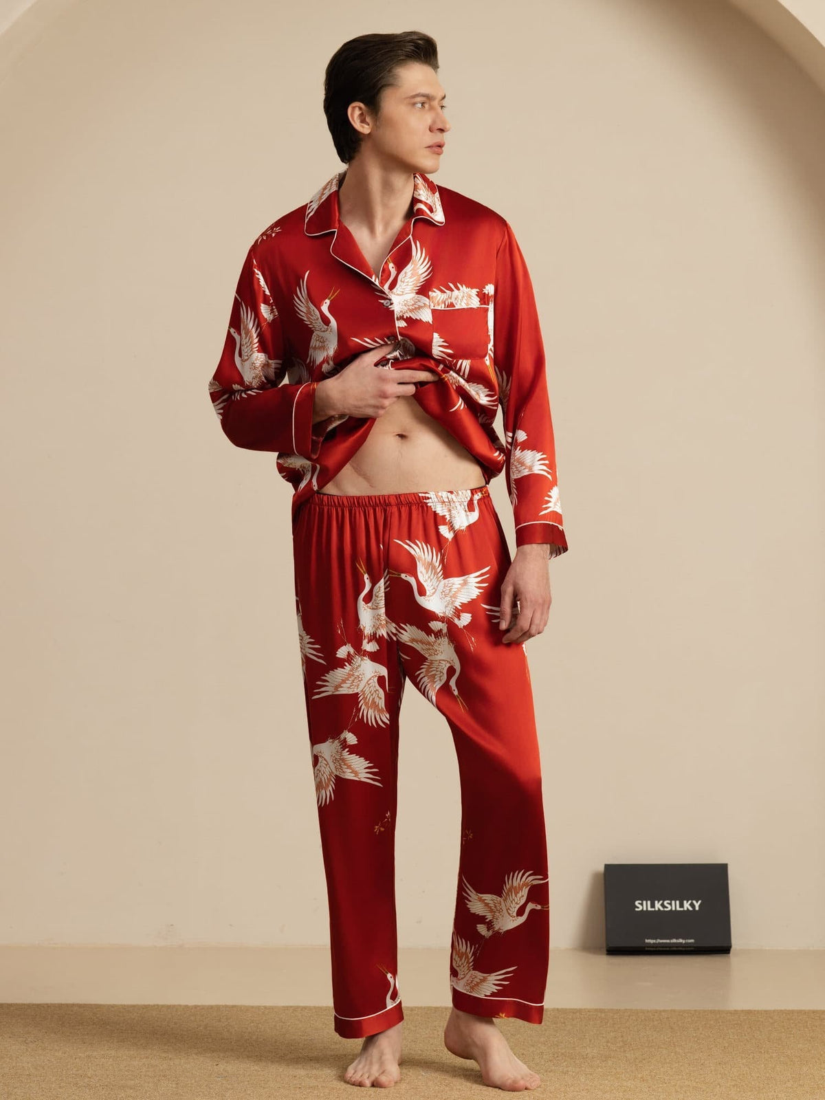 Conjunto de Pijamas para Hombre Estampado de Grúa Seda Pura 19Momme Manga Larga Cuello Notch