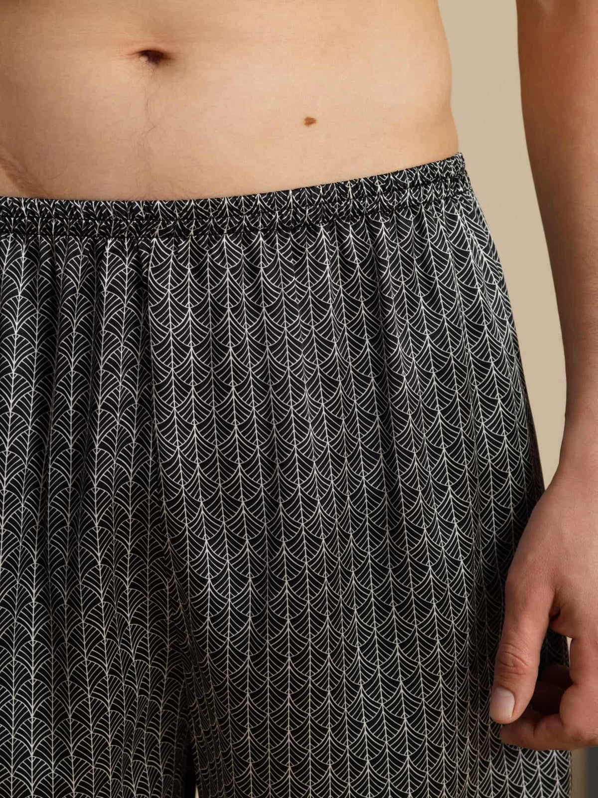 Pantalones Cortos De Dormir Para Hombre Pure Silk Ginkgo Azul Marino Estampado Cintura Elástica