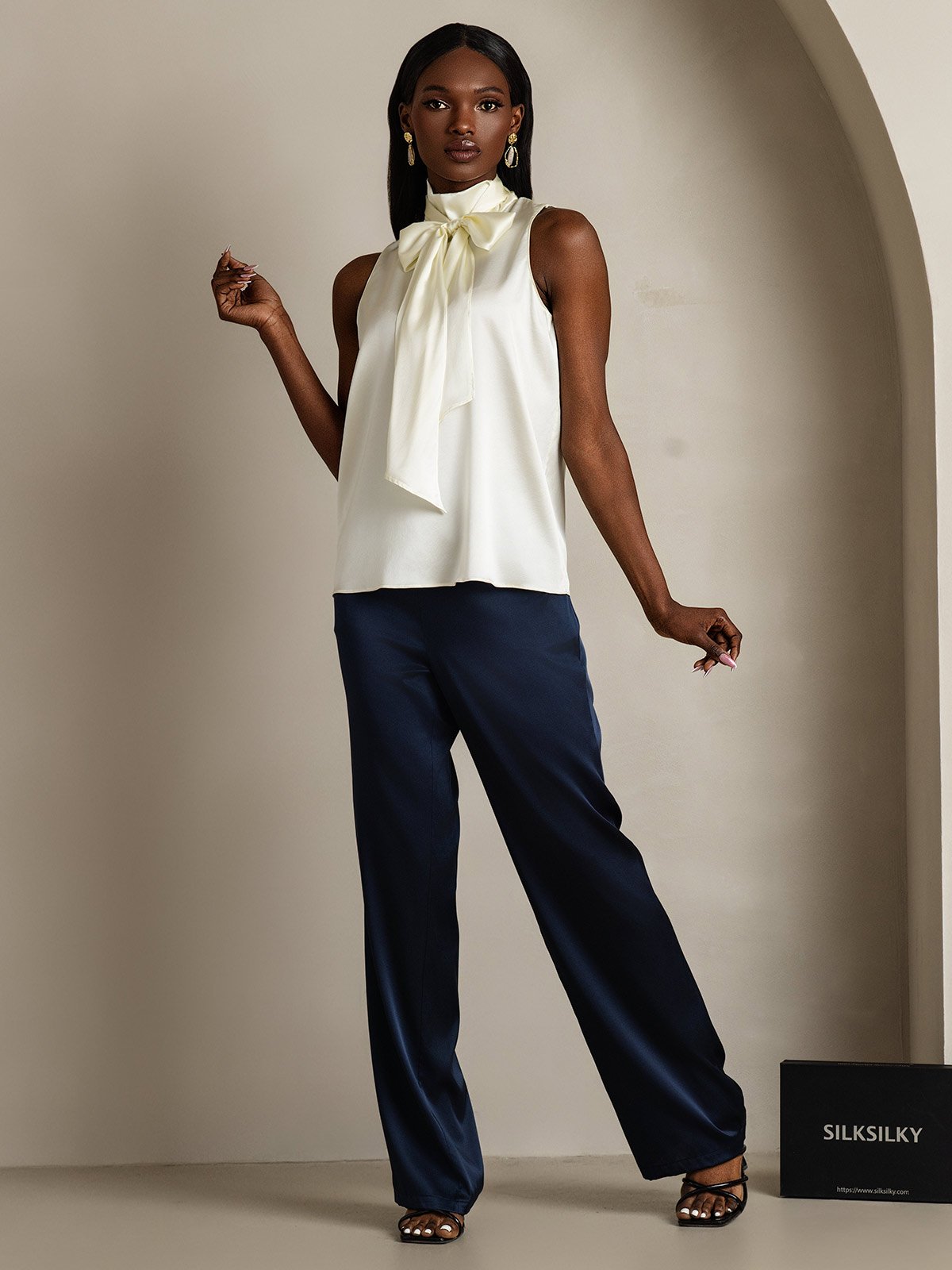 19Momme Seda Lazo Cuello Blusas