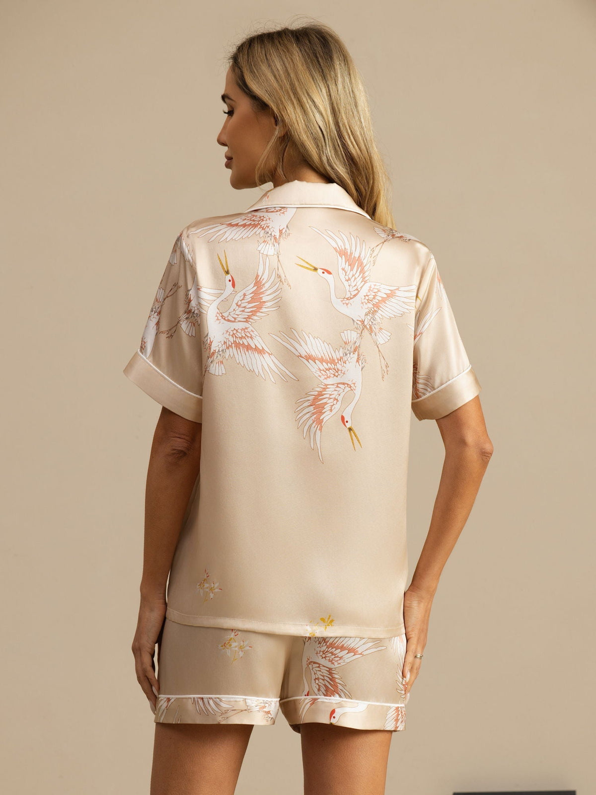 19Momme Conjunto De Pijama Para Mujer En Seda Pura Manga Corta Cuello Notch Estampado De Grulla