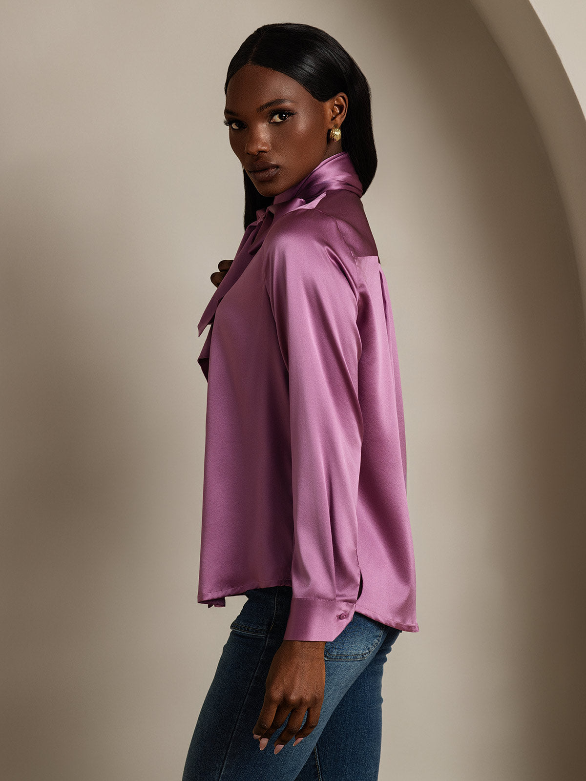 19 Momme Seda Cuello atado Camisa