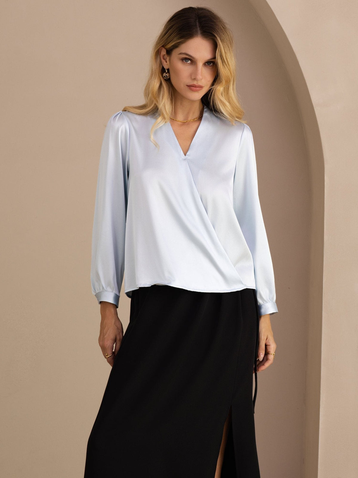 Blusa De Seda Mujer 19 Momme Con Escote Cruzado Y Manga Larga