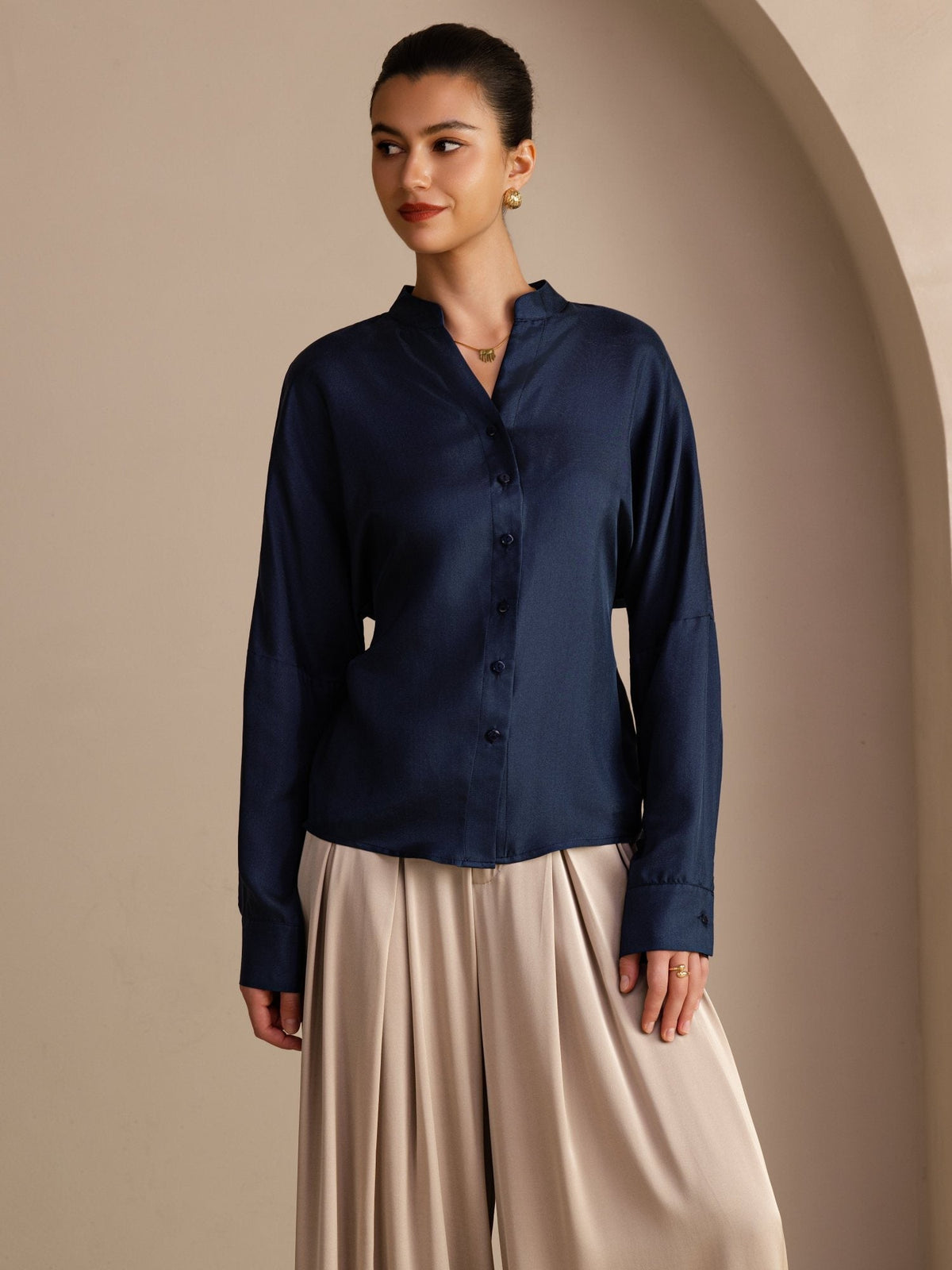 Blusa De Seda De Morera 100 Por Ciento Mujer Con Escote Abierto Y Cordón De Ajuste Manga Larga