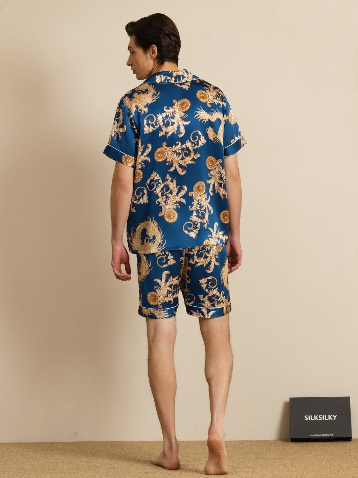 Pure Seda Hombre Estampado Dragón Manga Corta Cuello Notch Conjunto Pijama