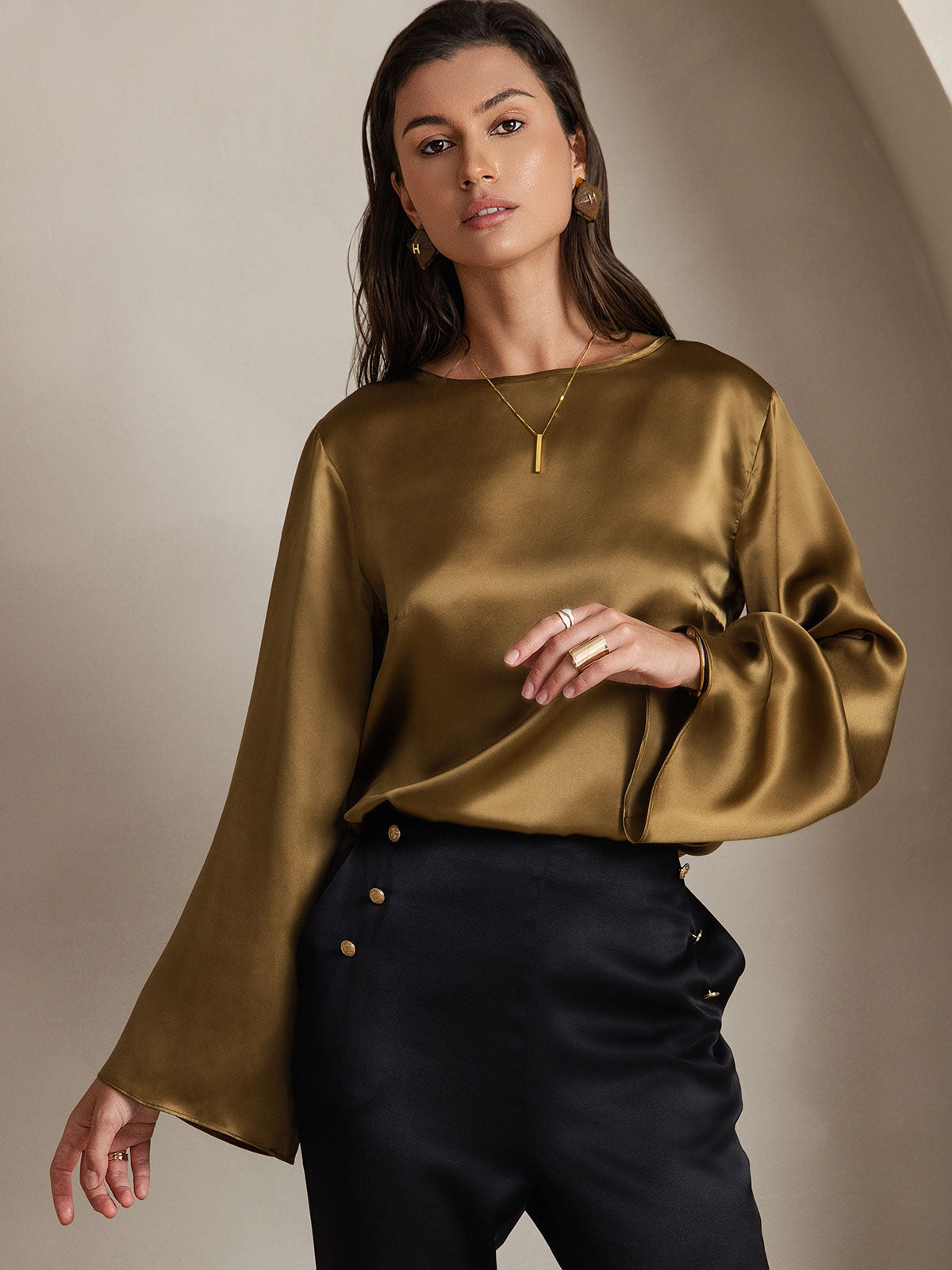 19Momme Seda Relajada Manga Larga Blusa