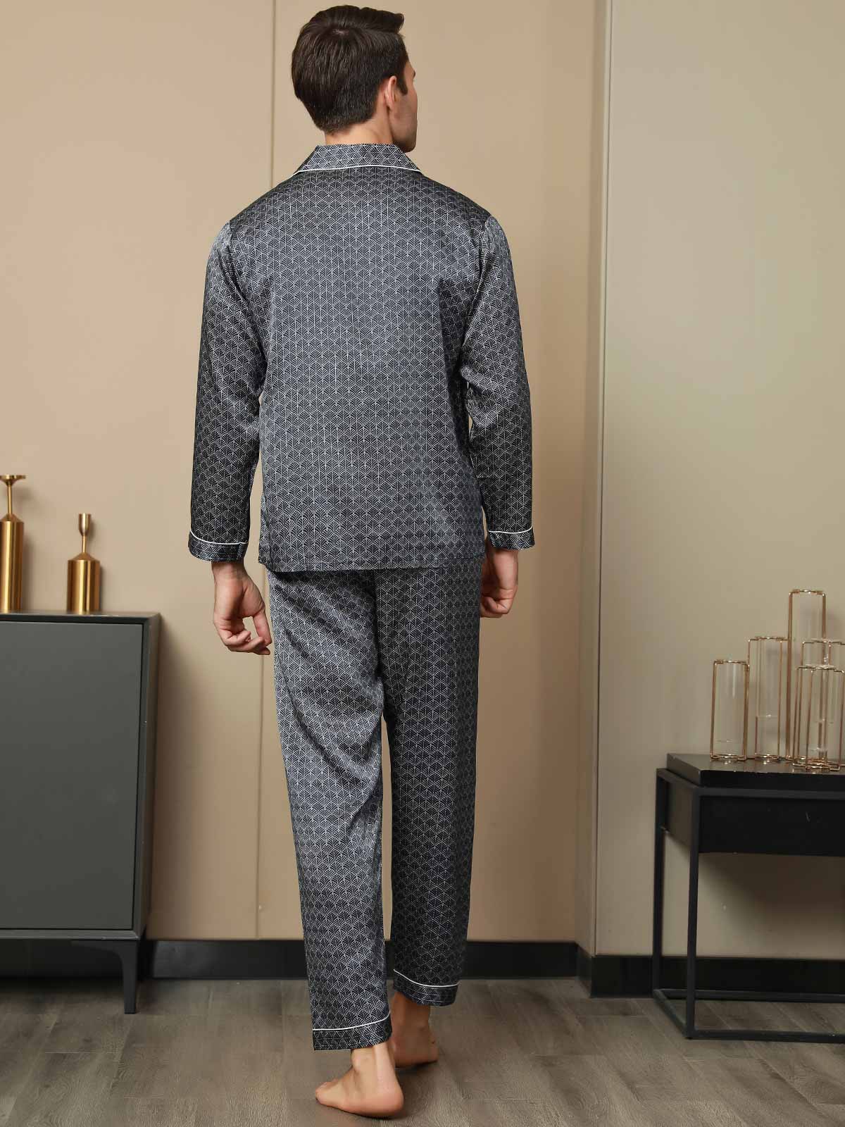 Conjunto De Pijama Para Hombre De Seda Pura Con Estampado De Ginkgo Azul Marino Manga Larga Y Pantalones