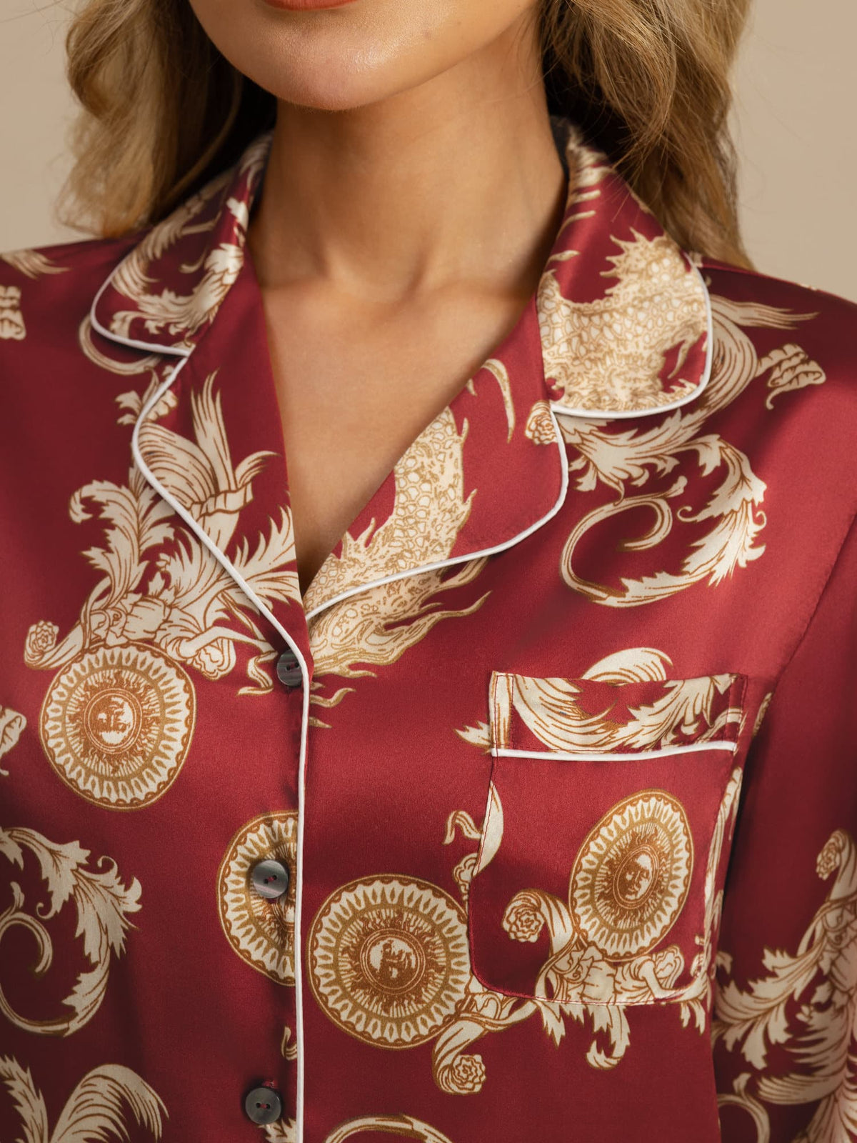 Pijama Mujer Seda Pura Manga Larga Cuello Notch Con Pantalón Estampado Dragón