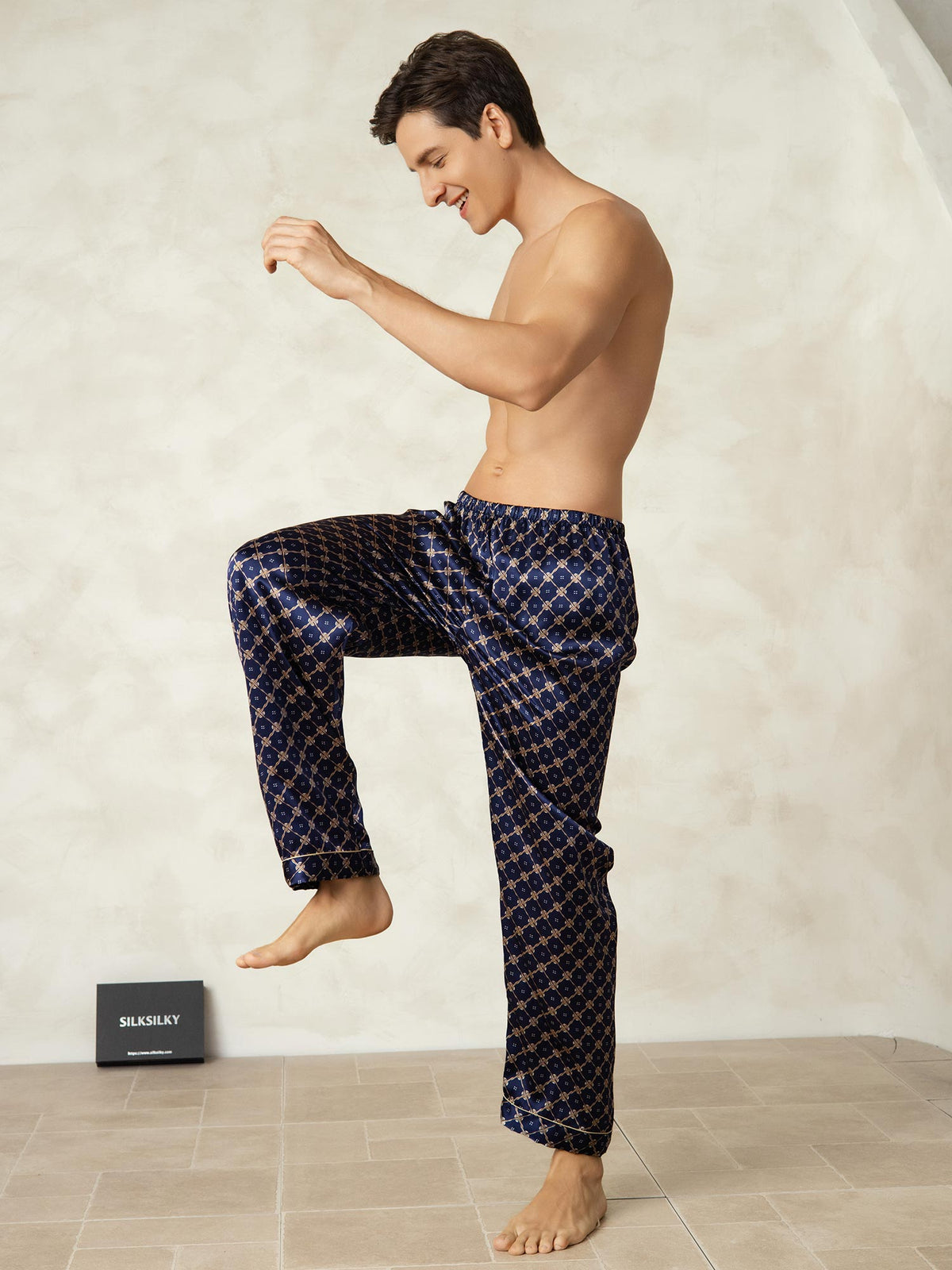 Pantalones De Dormir Para Hombre De Seda Pura Con Estampado De Cadenas Azul Marino Y Cintura Elástica