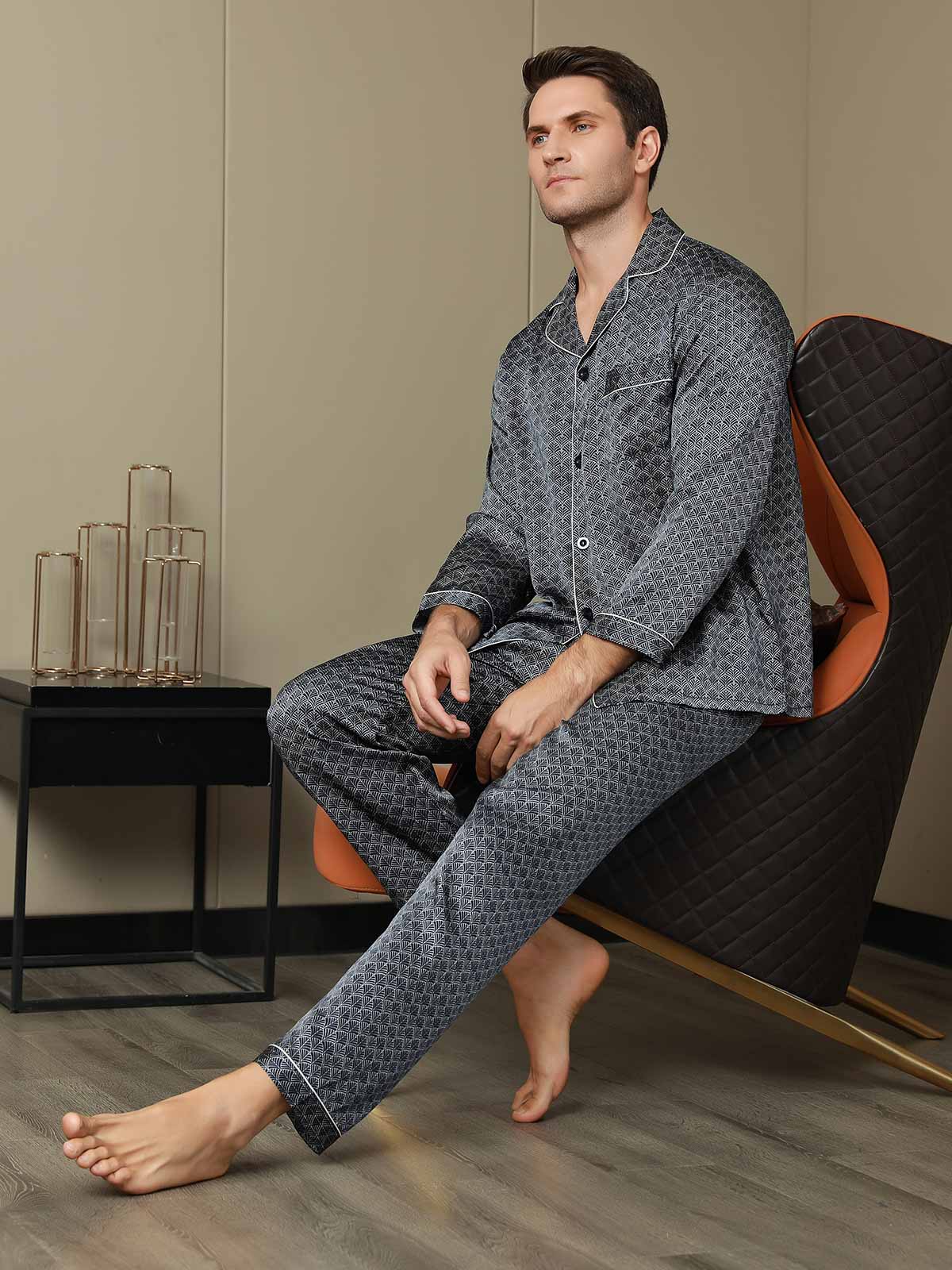 Conjunto De Pijama Para Hombre De Seda Pura Con Estampado De Ginkgo Azul Marino Manga Larga Y Pantalones