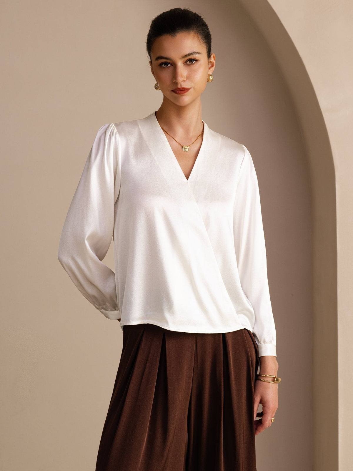 Blusa De Seda Mujer 19 Momme Con Escote Cruzado Y Manga Larga