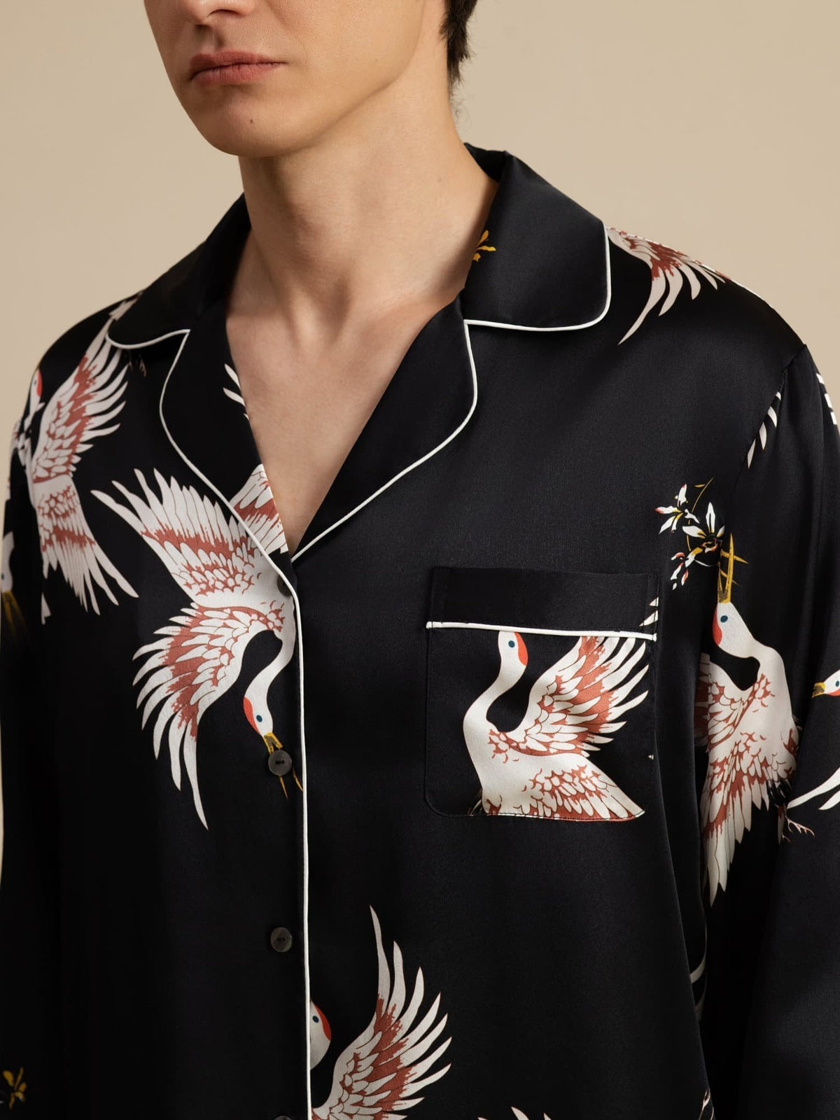Conjunto de Pijamas para Hombre Estampado de Grúa Seda Pura 19Momme Manga Larga Cuello Notch