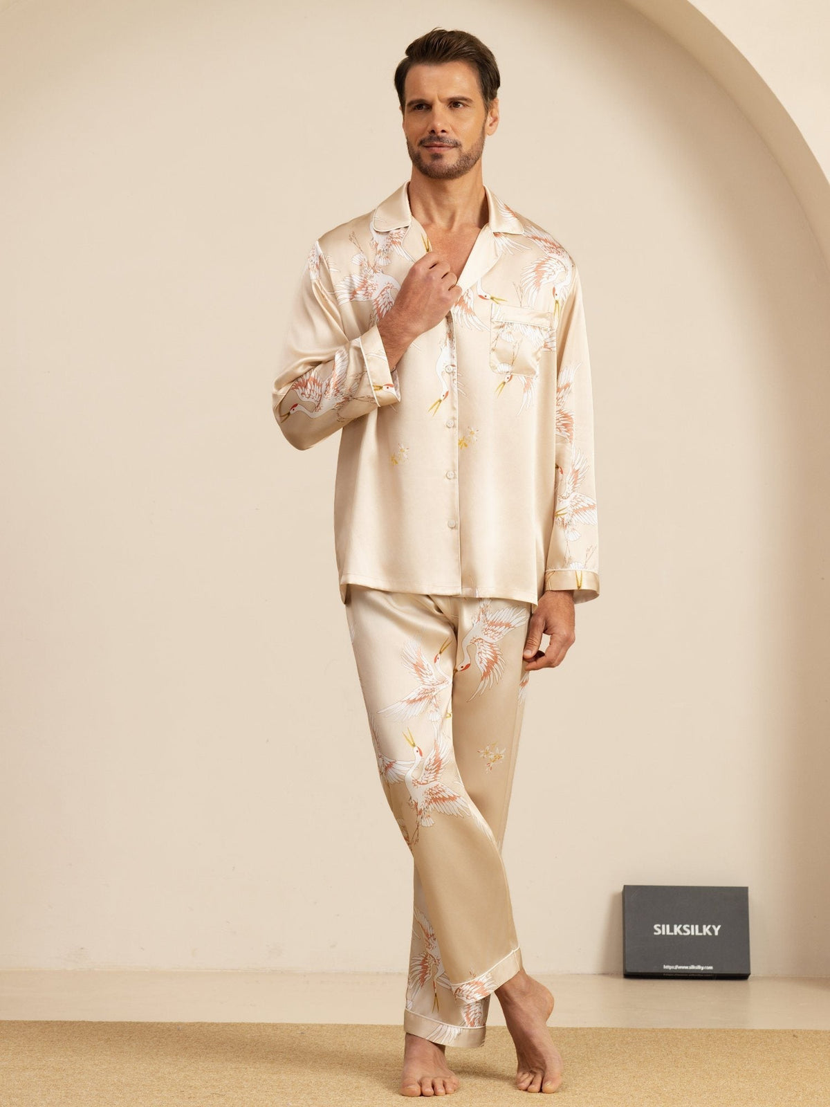 Conjunto de Pijamas para Hombre Estampado de Grúa Seda Pura 19Momme Manga Larga Cuello Notch