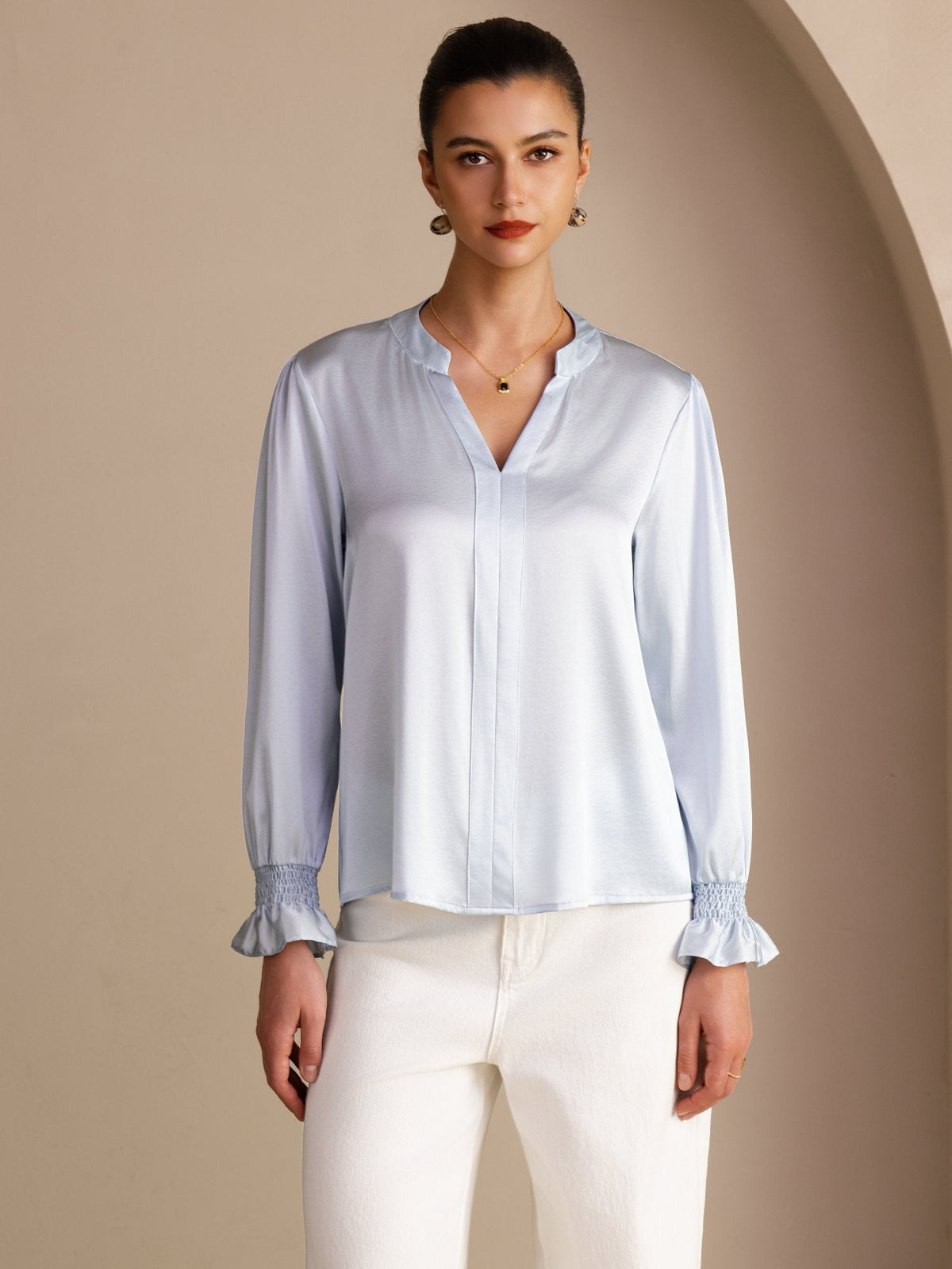 Blusa De Seda Mujer 19 Momme Con Escote Abierto Y Manga Larga