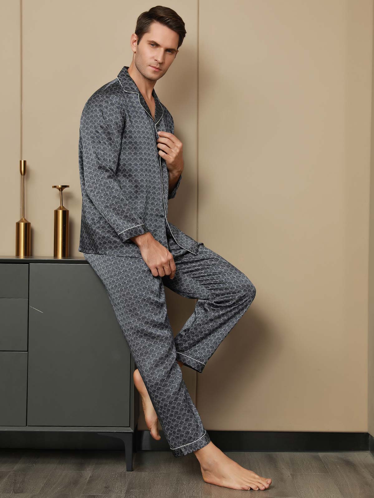 Conjunto De Pijama Para Hombre De Seda Pura Con Estampado De Ginkgo Azul Marino Manga Larga Y Pantalones
