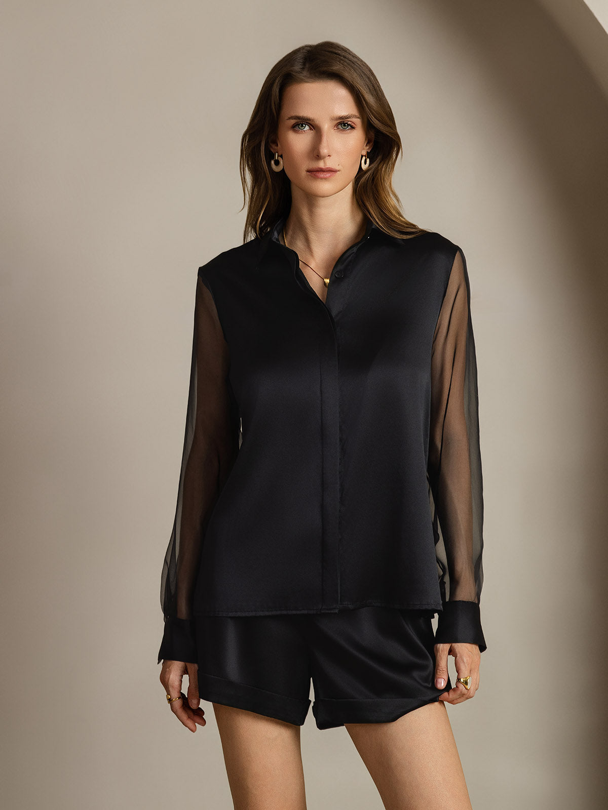 19Momme Seda Militar Cuello Transparentes Mangas Detalles Blusas