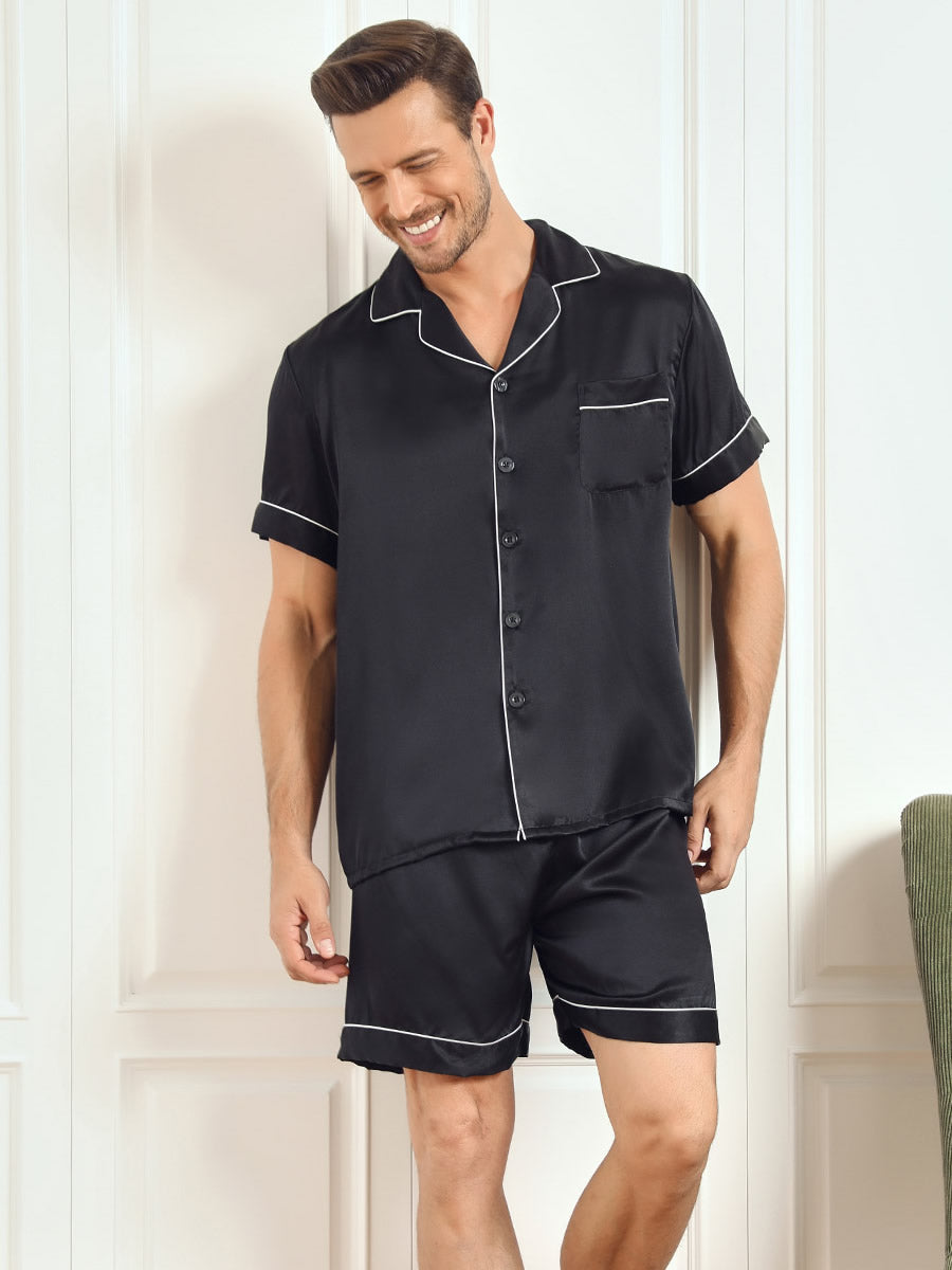 Pijama De Hombre De Pura Seda Con Mangas Cortas Cuello Solapa Y Shorts