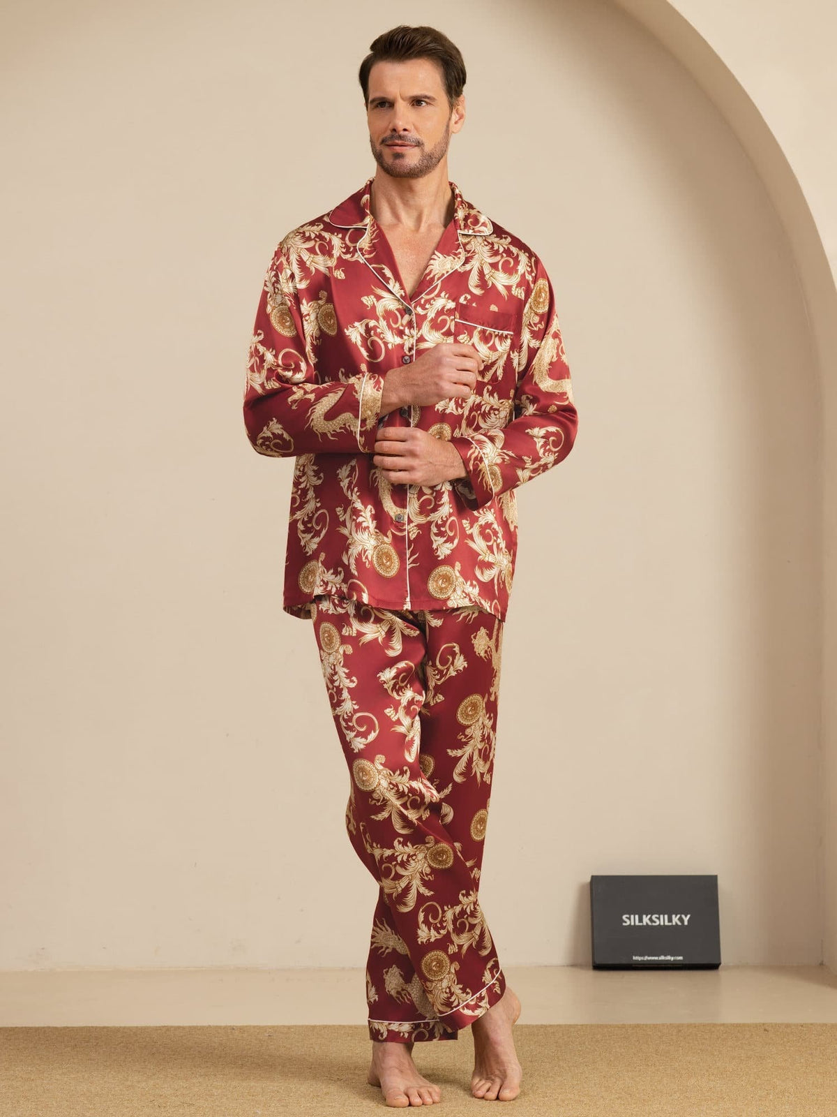 Pure Seda Hombre Estampado Dragón Manga Larga Cuello Notch Conjunto Pijama