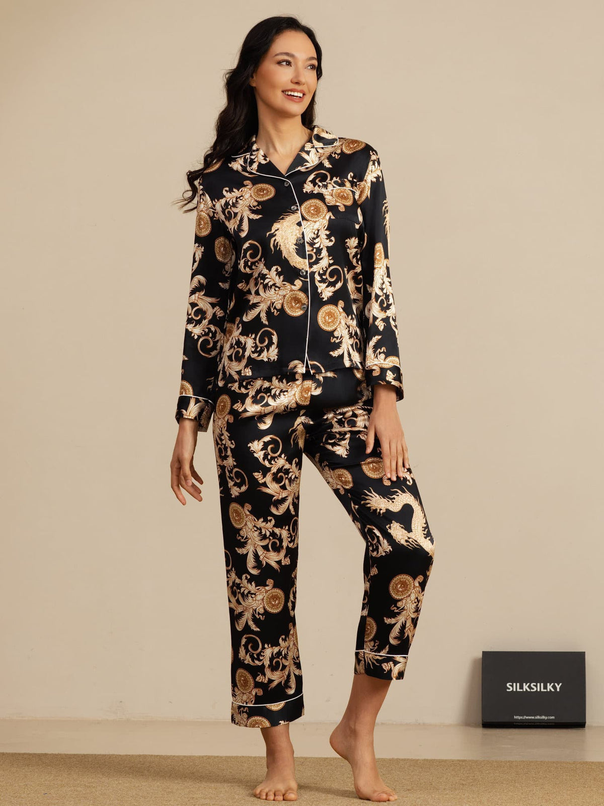 Pijama Mujer Seda Pura Manga Larga Cuello Notch Con Pantalón Estampado Dragón