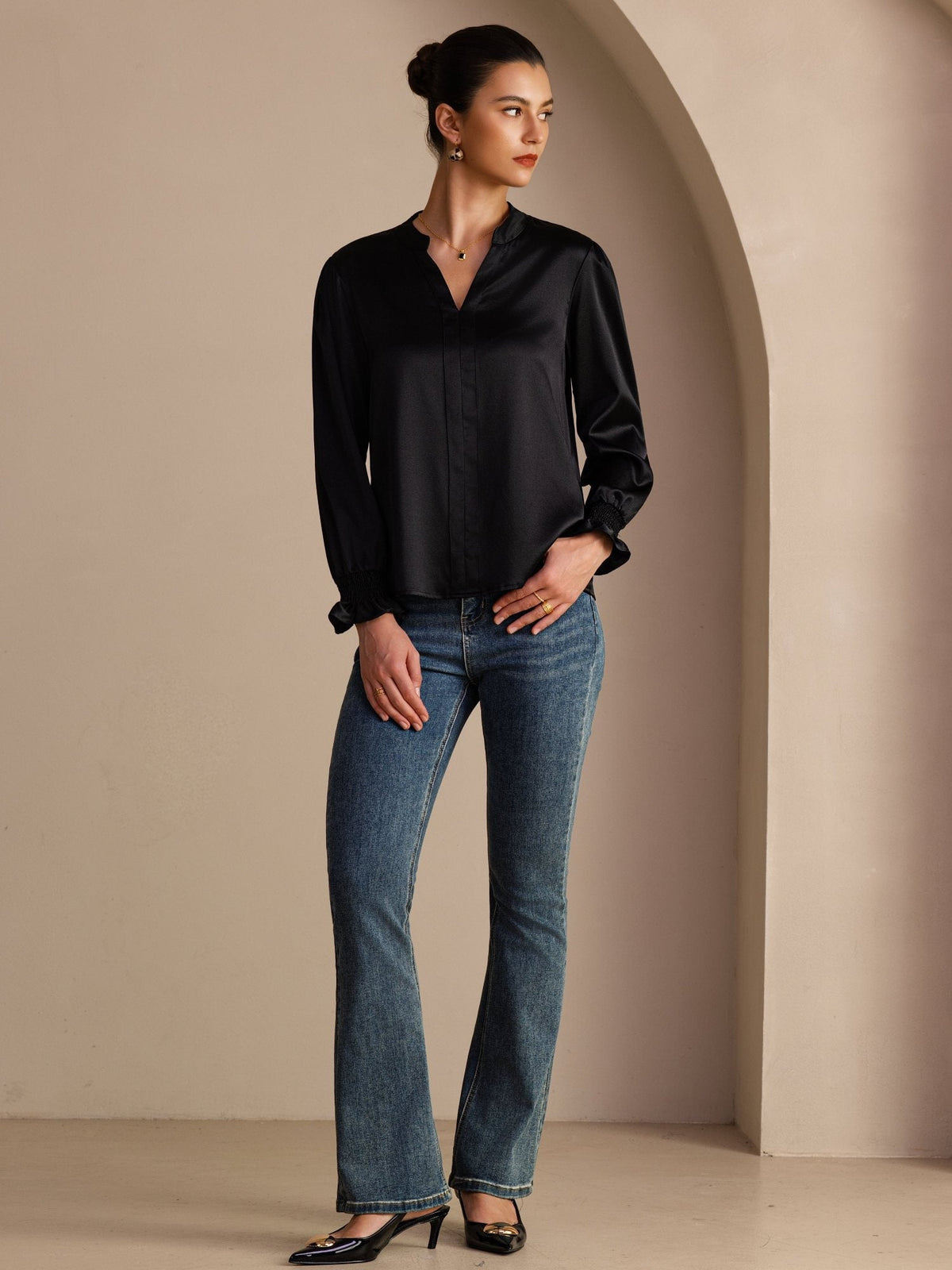 Blusa De Seda Mujer 19 Momme Con Escote Abierto Y Manga Larga
