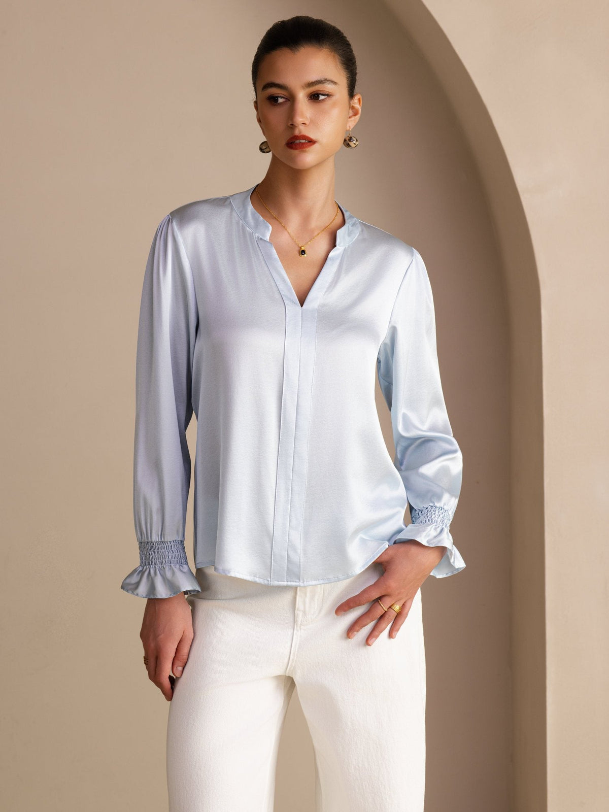 Blusa De Seda Mujer 19 Momme Con Escote Abierto Y Manga Larga
