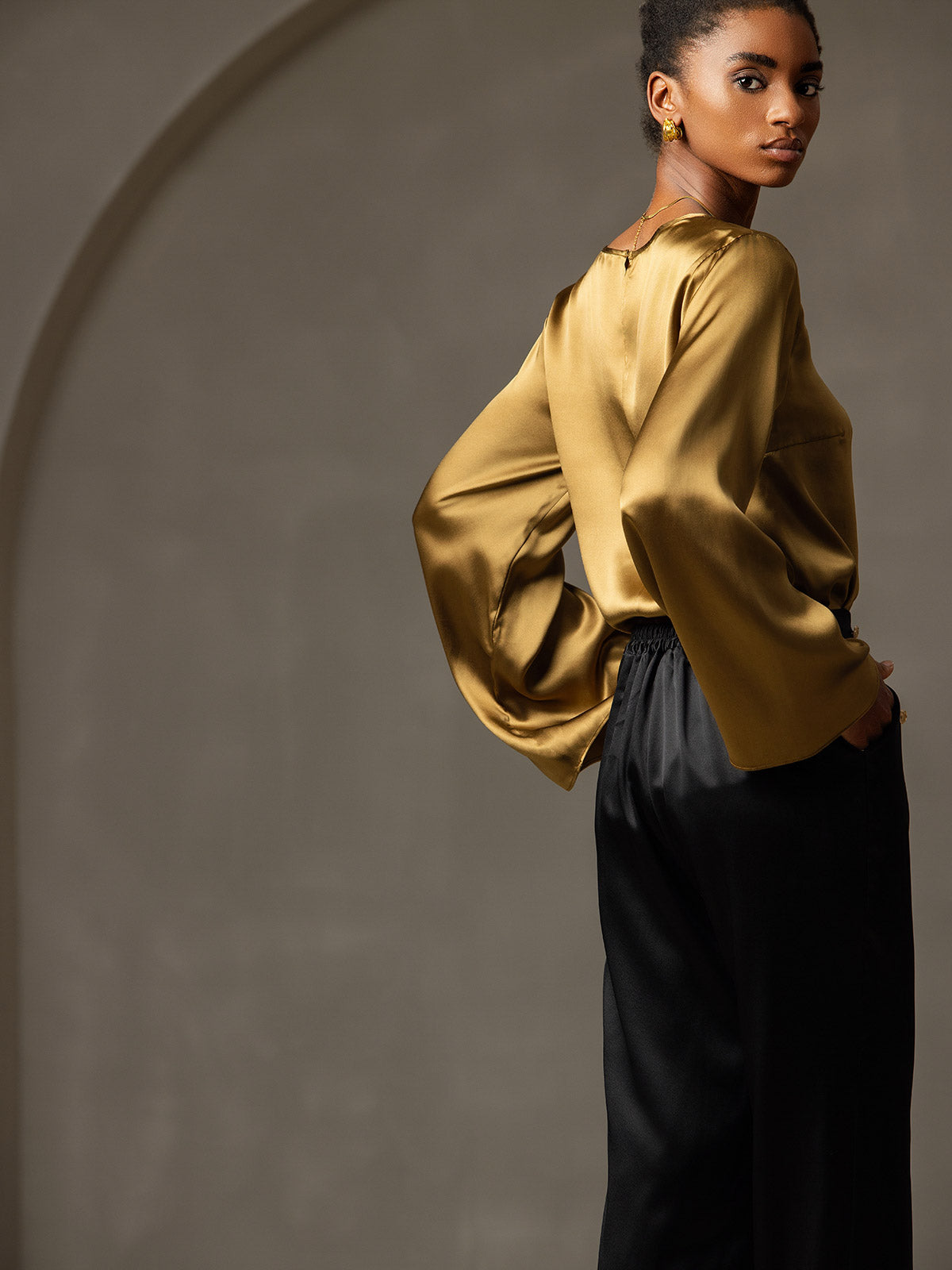 19Momme Seda Relajada Manga Larga Blusa